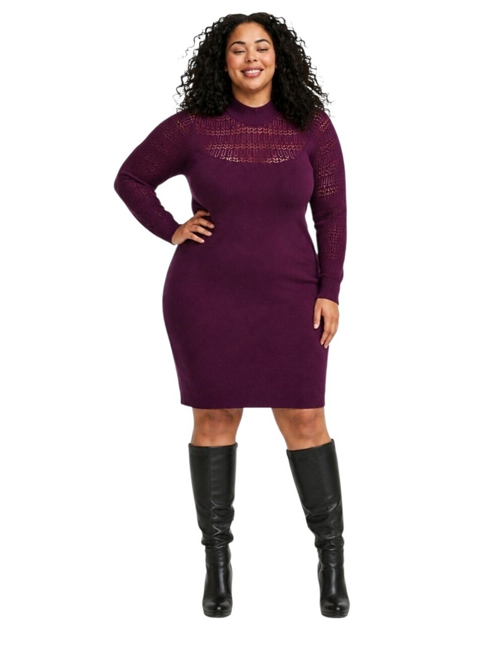 Torrid 2X Plum long sleeve Mock Neck Pointelle Midi Sweater Dress NWT - Picture 3 of 15